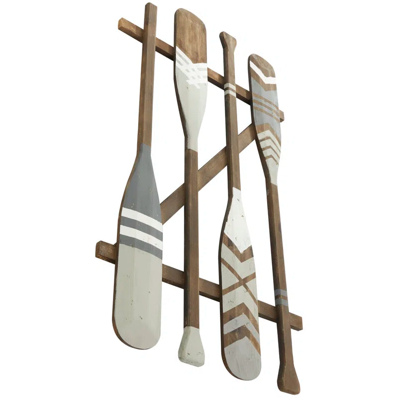 Wood Arrow and Stripe Patterned Paddle Home Wall Decor with Muted Blue Accents