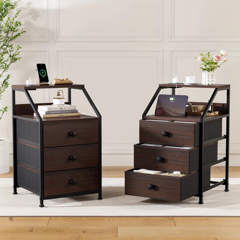 Travison Nightstands with 3 Drawers & Outlets, Bedside Tables with 2 USB Ports & 2-Tier Open Shelf