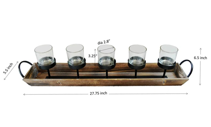 5-Pillar Candelabra Centerpiece with Glass Cups and Rustic Wood Tray