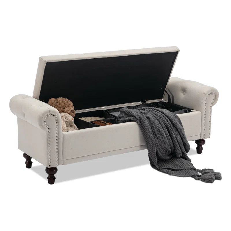 Velvet/Linen Upholstered Storage Bench with Segmented Storage Compartments