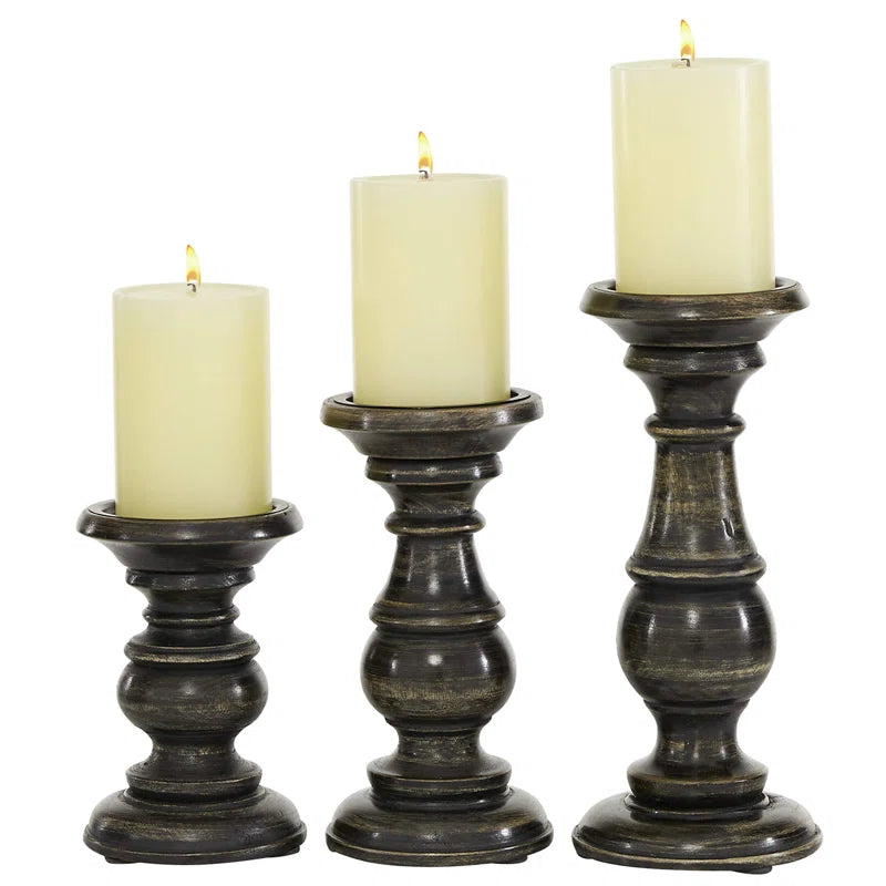 3 Piece Wood Tabletop Candlestick Set