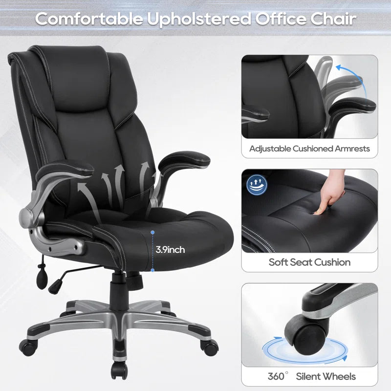 Alira Mid-Back Ergonomic Office Chair - PU Leather Executive Chair with Adjustable Lumbar Support, Flip-Up Armrests & Height Adjustment, Rolling Swivel Chair for Home Office