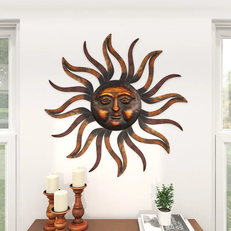 Metal Sun Home Wall Decor with Distressed Copper like Finish