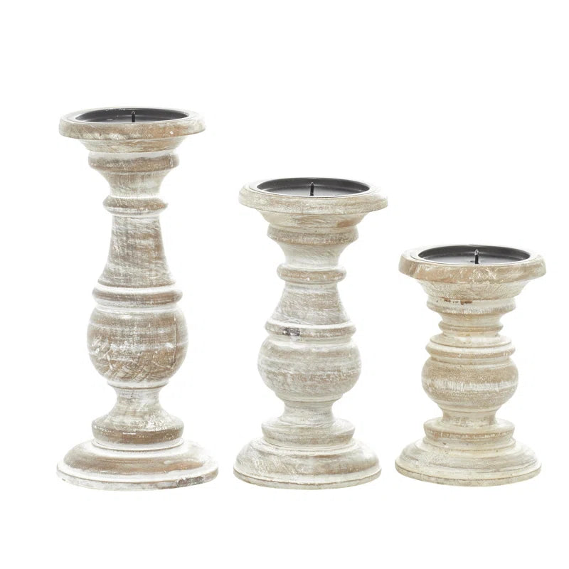 3 Piece Wood Tabletop Candlestick Set