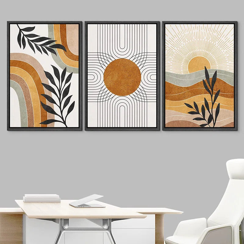 Mid Century Modern Boho Brown Abstract Sun Tropical Plant - Framed 3 Piece Set Canvas Print Picture