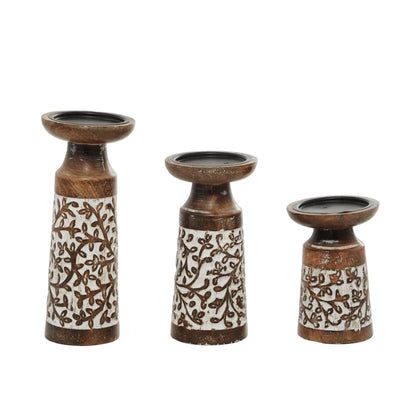 Mango Wood Handmade Minimalistic Bell Shaped Pillar Decorative Brown Candle Holder Set