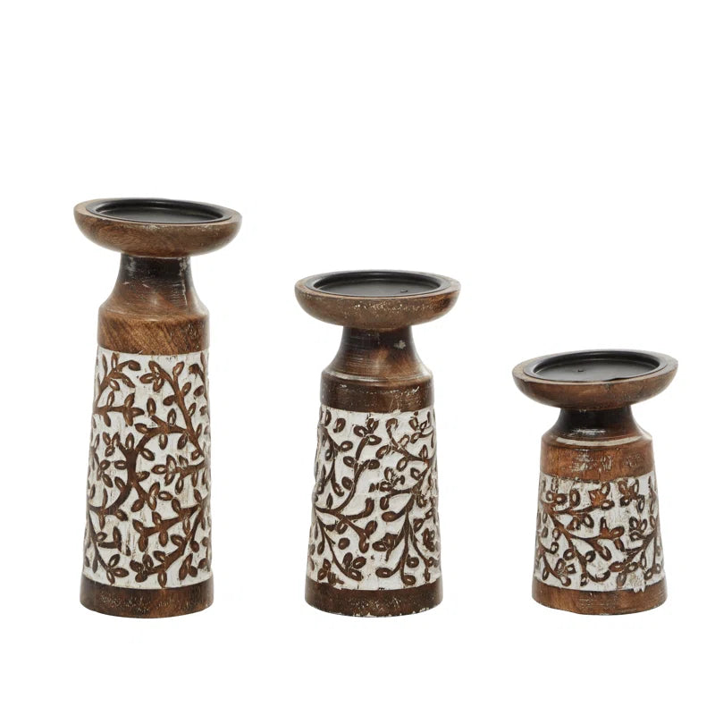 Mango Wood Handmade Minimalistic Bell Shaped Pillar Decorative Brown Candle Holder Set