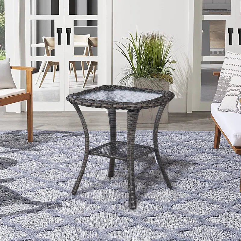 Bonia Wicker Rattan Side Table with Built-In Glass
