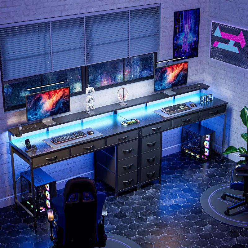 Keldric Rectangle Desk, Computer Desk with Drawers, Gaming Desk with LED Lights, Small Desk with Power Outlets, Writing Desk with Storage, Home Office Desk with Monitor Stand for Study