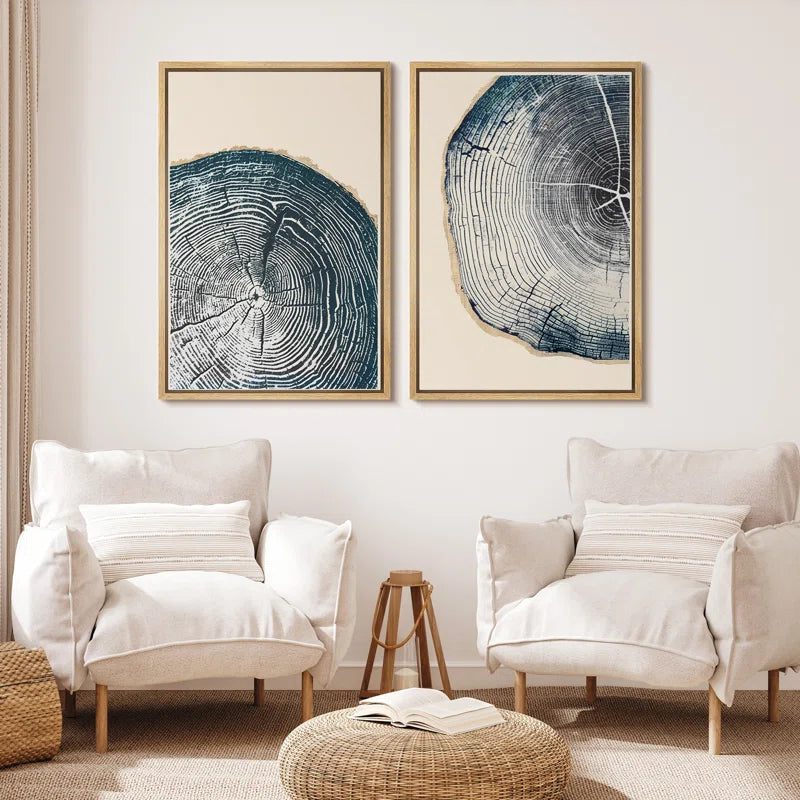 Navy Blue Wood Tree Ring Simple Minimalist Modern Artwork Framed Canvas 2 Pieces Print Wall Art