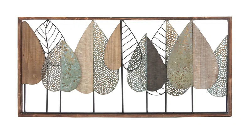 Wood Cutout Leaf Home Wall Decor with Green and Black Metal Wire Accents