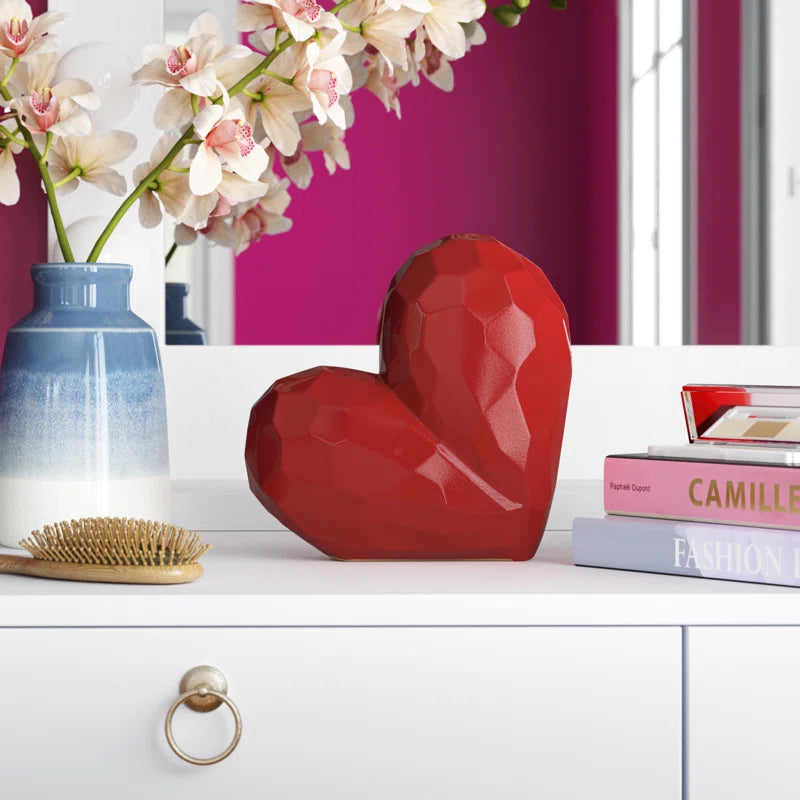 Stoneware Ceramic Geometric Heart Sculpture - Modern Abstract Decorative Object with Faceted Design, Durable and Elegant Home Accent