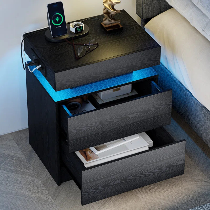 Westerly Modern Style Wooden Nightstand with LED Light and Storage Drawers