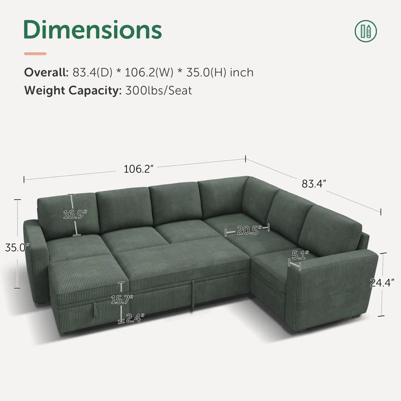 Corduroy Sleeper Sectional U Shaped Modular Sofa Bed with Storage Space
