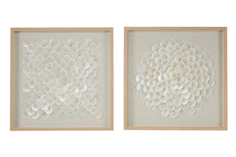 2 Piece Cream Shell Handmade Overlapping Shells Geometric Shadow Box with Canvas Backing Set