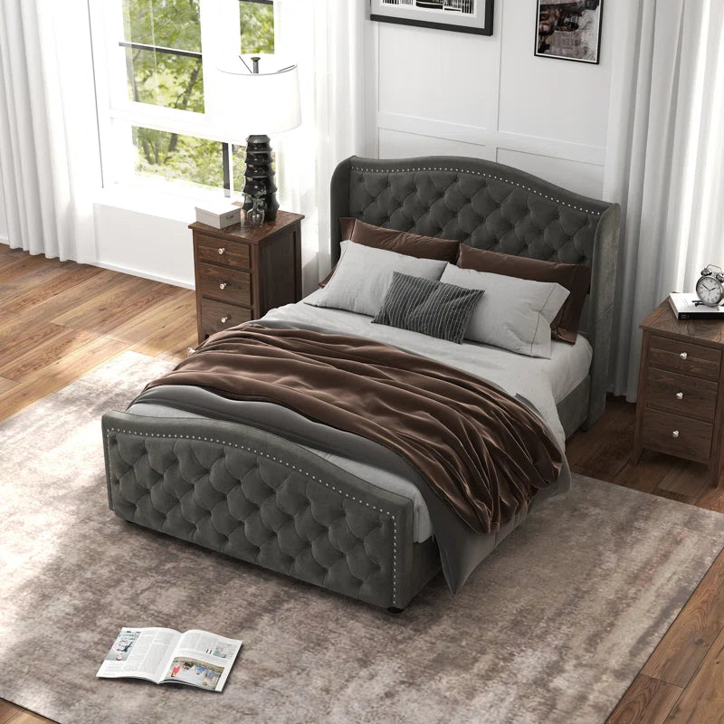 Kassaia Velvet Upholstered Metal Nail Trim Platform Bed with Tufted Headboard and 4 Drawers