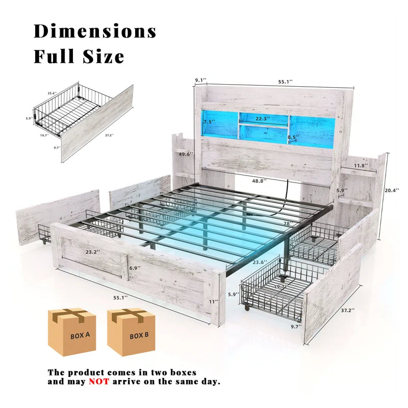 Bed Frame with Bookcase Headboard & 2 Detachable Bedside Stoage Racks & 4 Drawers, Farmhouse Wood Bed Frame with Rgb Led, No Box Spring Needed