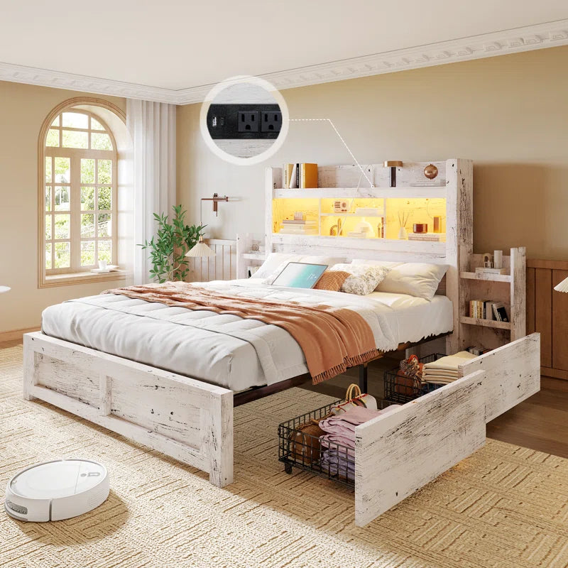 Bed Frame with Bookcase Headboard & 2 Detachable Bedside Stoage Racks & 4 Drawers, Farmhouse Wood Bed Frame with Rgb Led, No Box Spring Needed