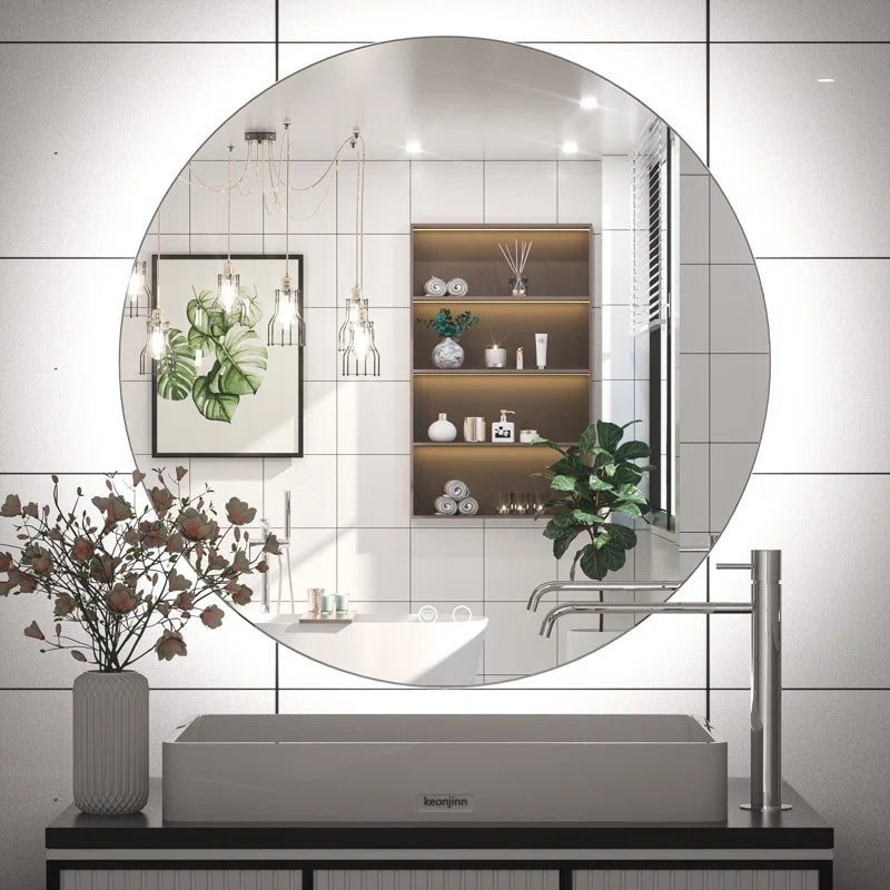Adorna round Frameless Backlit Mirror, LED Bathroom Vanity Mirror with Dimmable Brightness, Anti-Fog Function, 50000H Lifetime, Shatterproof Film