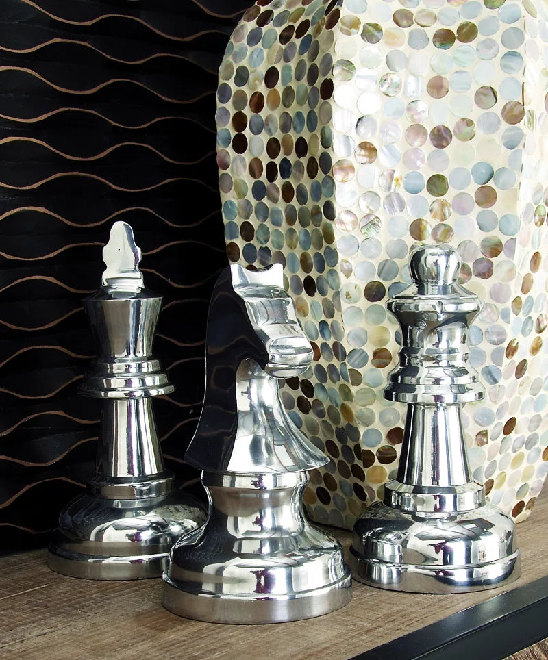 Aluminum Metal Chess Decorative Sculpture with Knight, Queen and King Set