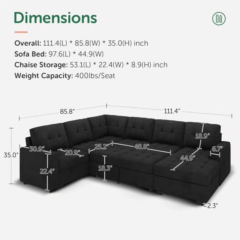 U-Shaped Sleeper Sectional Tufted Sofa Bed with Storage Chaise