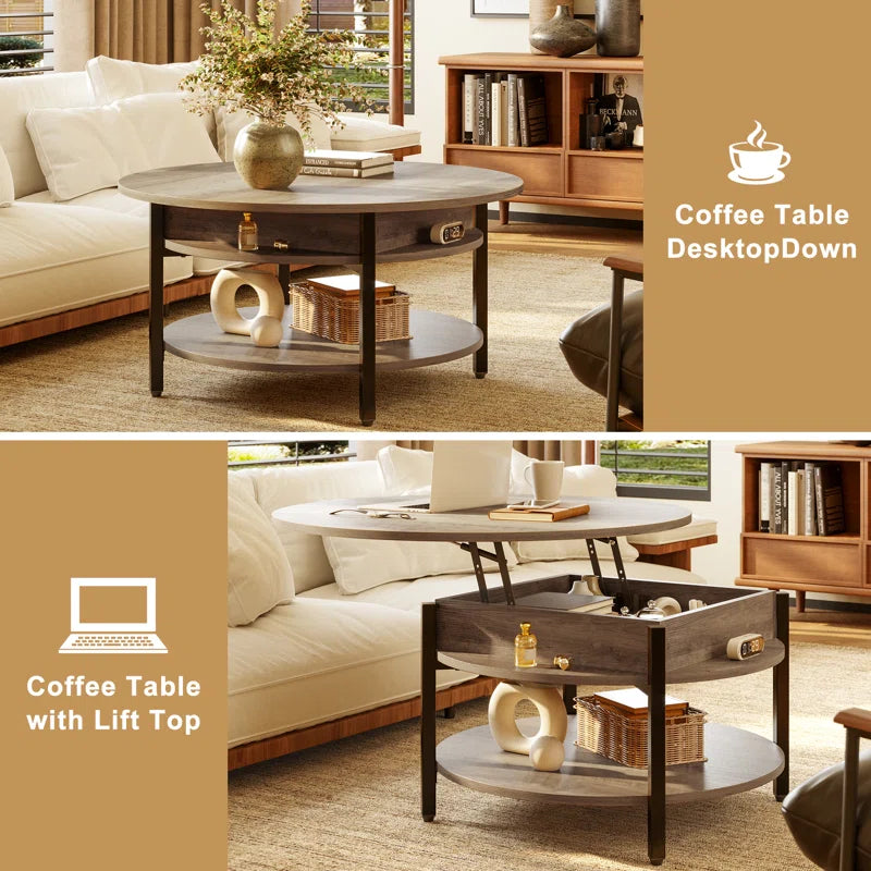 Wynny 27"W round Lift-Top Wood Coffee Table with Storage