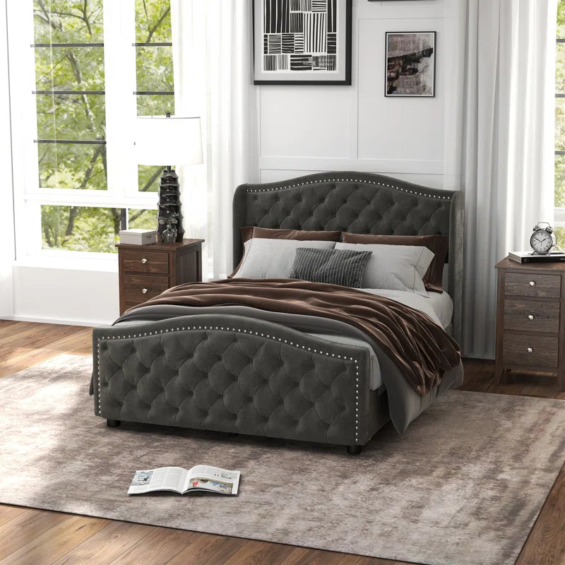 Kassaia Velvet Upholstered Metal Nail Trim Platform Bed with Tufted Headboard and 4 Drawers