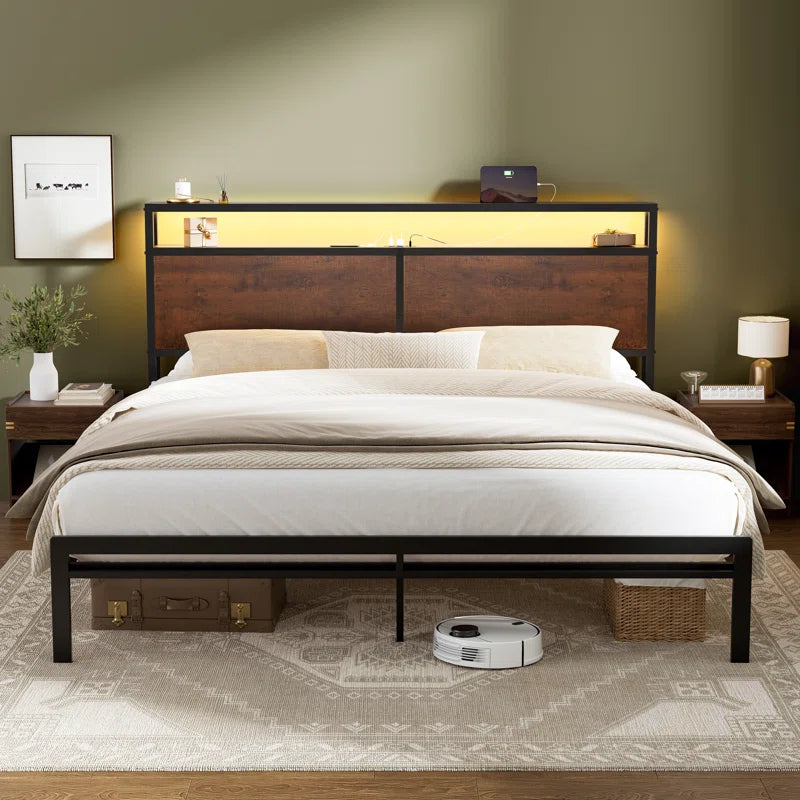 Antioch Bed Frame with LED Light and Charging Station, Metal Frame with Storage Headboard, Large Storage Space, No Spring Box Needed