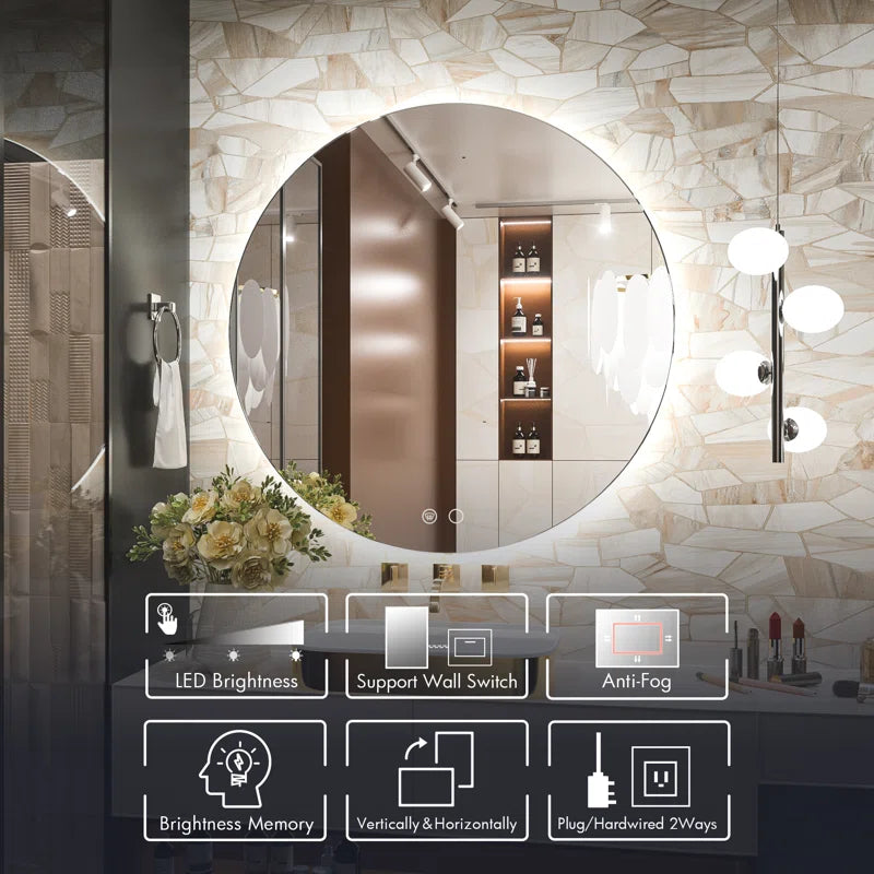 Adorna round Frameless Backlit Mirror, LED Bathroom Vanity Mirror with Dimmable Brightness, Anti-Fog Function, 50000H Lifetime, Shatterproof Film