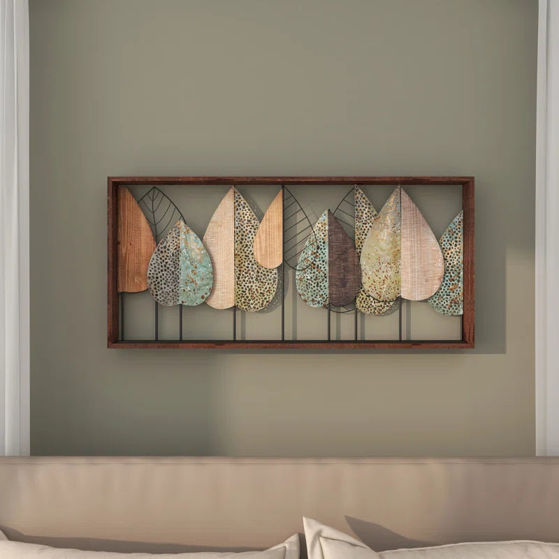 Wood Cutout Leaf Home Wall Decor with Green and Black Metal Wire Accents