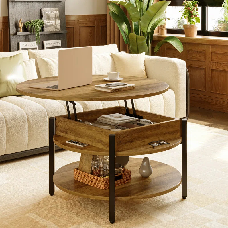 Wynny 27"W round Lift-Top Wood Coffee Table with Storage