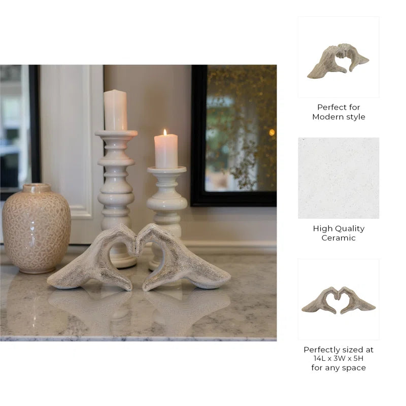 Modern Stoneware Ceramic Hand Heart Decorative Sculpture