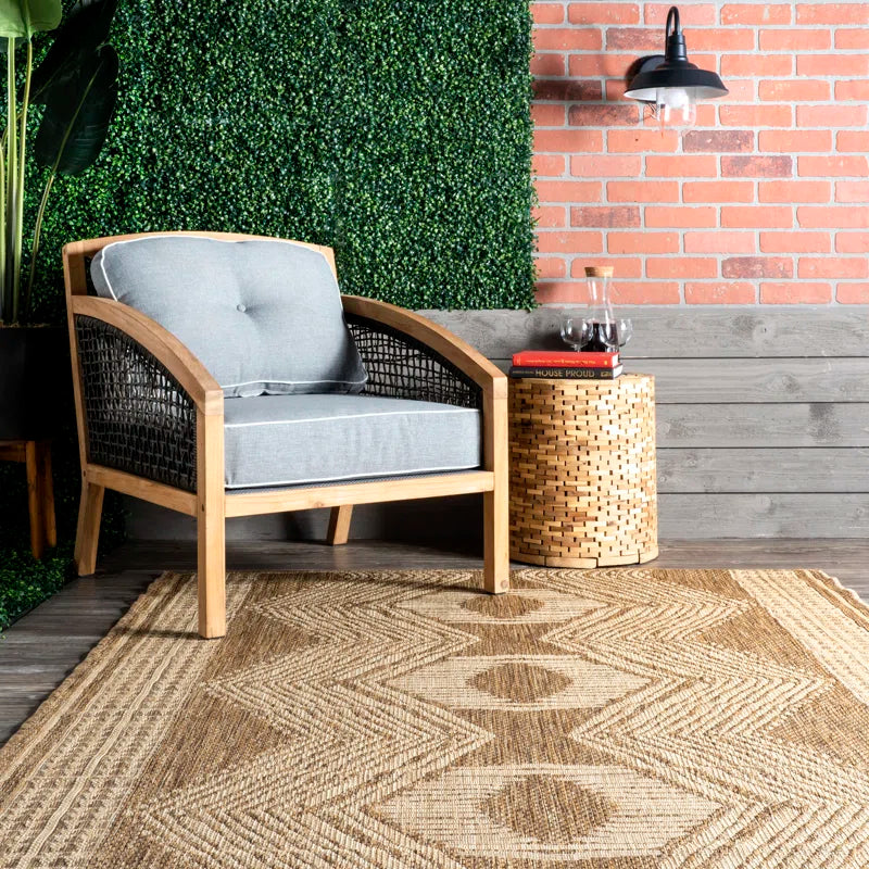 Geometric Indoor/Outdoor Rug for Living Room Patio Deck Front Porch Entryway Hallway Kitchen, Light Brown/Ivory