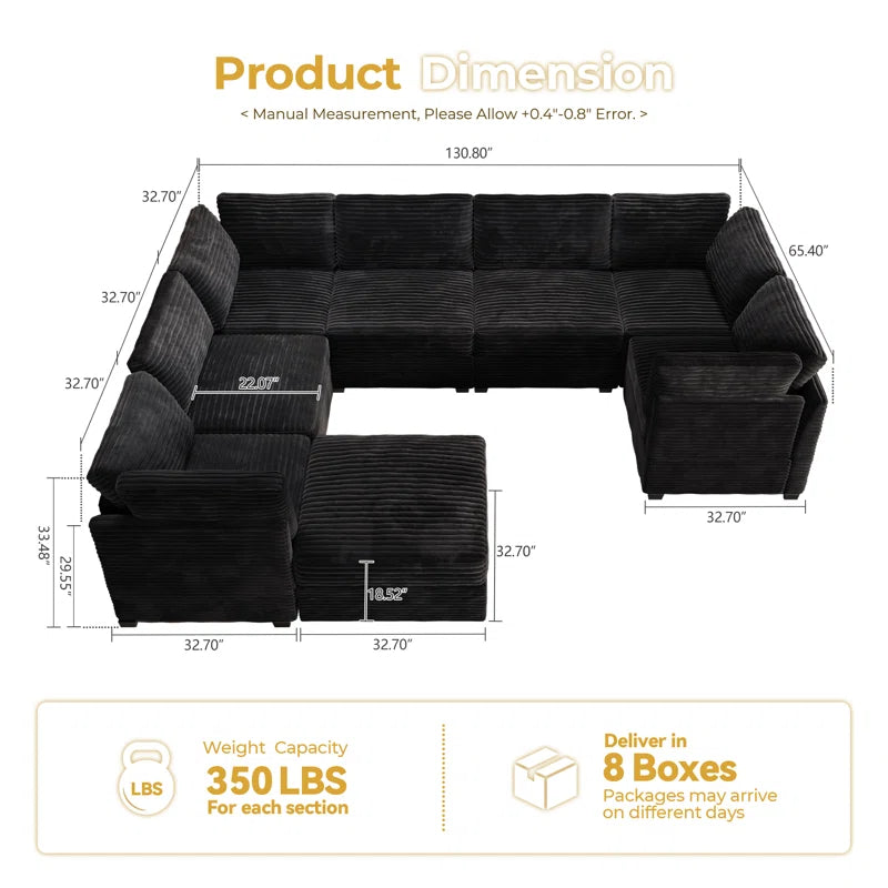 Modular U-Shaped Sectional Plush Corduroy Sofa with Movable Ottoman