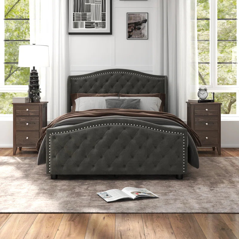 Kassaia Velvet Upholstered Metal Nail Trim Platform Bed with Tufted Headboard and 4 Drawers