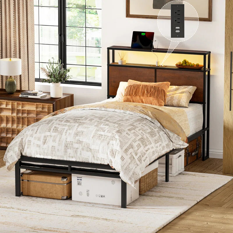 Antioch Bed Frame with LED Light and Charging Station, Metal Frame with Storage Headboard, Large Storage Space, No Spring Box Needed