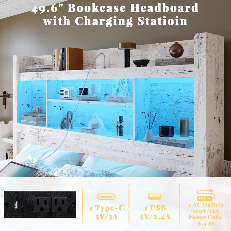 Bed Frame with Bookcase Headboard & 2 Detachable Bedside Stoage Racks & 4 Drawers, Farmhouse Wood Bed Frame with Rgb Led, No Box Spring Needed