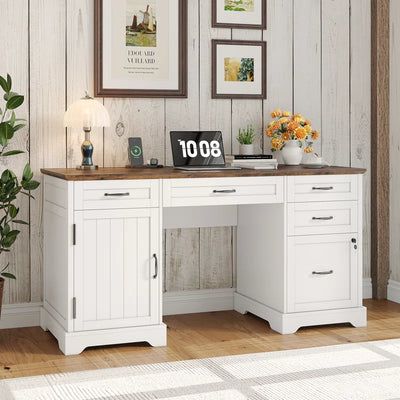 55'' Farmhouse Executive Desk with Drawers, File Cabinet and Power Outlets