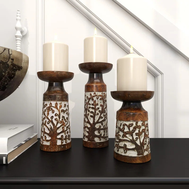 Mango Wood Handmade Minimalistic Bell Shaped Pillar Decorative Brown Candle Holder Set