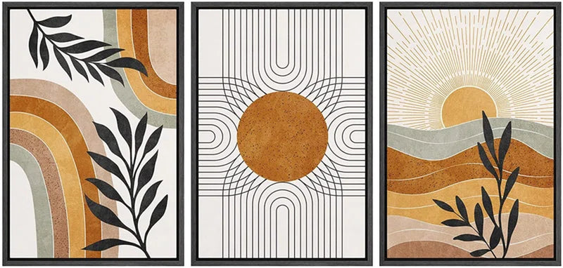 Mid Century Modern Boho Brown Abstract Sun Tropical Plant - Framed 3 Piece Set Canvas Print Picture