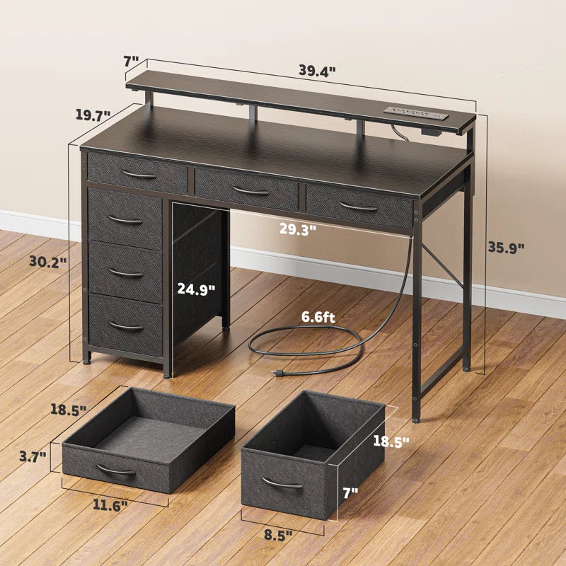 Keldric Rectangle Desk, Computer Desk with Drawers, Gaming Desk with LED Lights, Small Desk with Power Outlets, Writing Desk with Storage, Home Office Desk with Monitor Stand for Study
