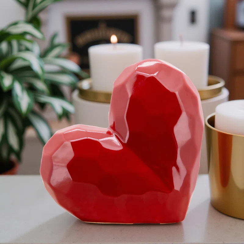 Stoneware Ceramic Geometric Heart Sculpture - Modern Abstract Decorative Object with Faceted Design, Durable and Elegant Home Accent