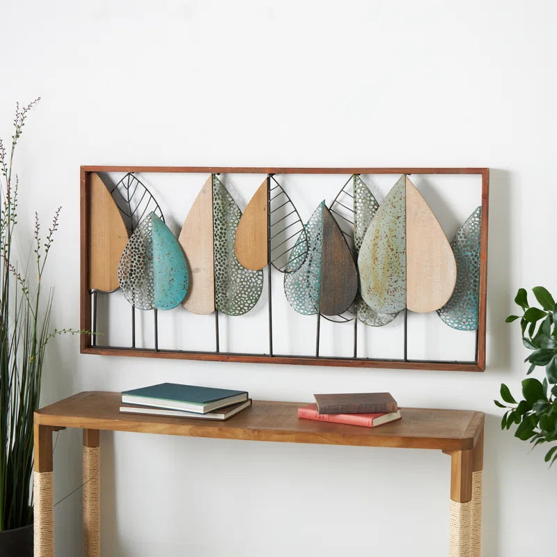 Wood Cutout Leaf Home Wall Decor with Green and Black Metal Wire Accents