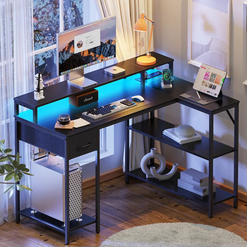 Coolbrook Gaming Desk with LED Lights, L-Shaped Desk with Power Outlets, Computer Desk with Storage, Writing Desk with Monitor Stand, Home Office Desk, L Desk