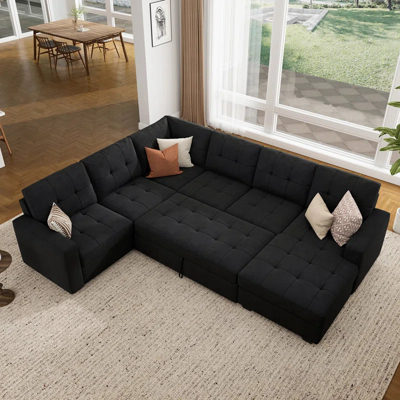 U-Shaped Sleeper Sectional Tufted Sofa Bed with Storage Chaise