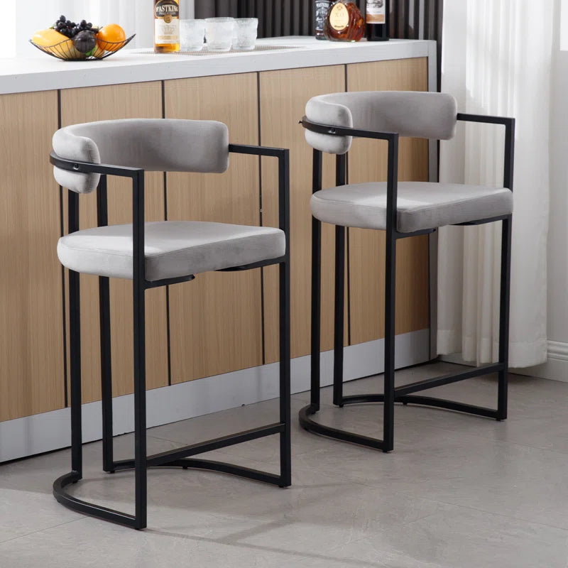Modern Upholstered Hollow Bar Stool with Armrests and Footrests, Barrel High Stools
