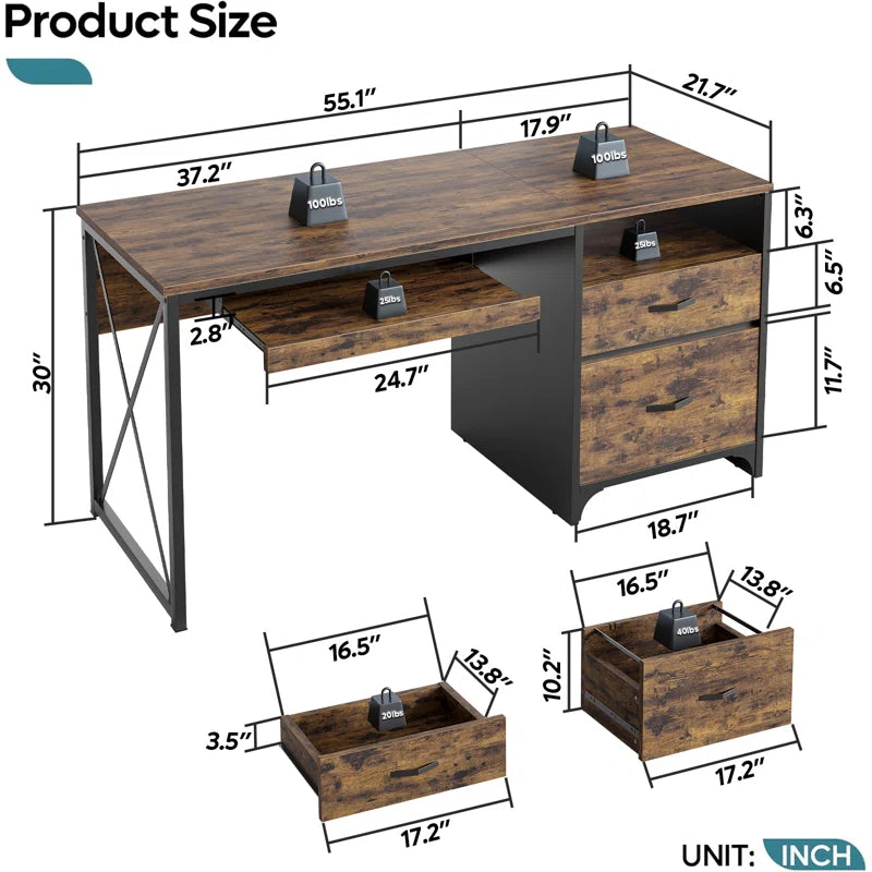 Labelle 55" W Writing Study Computer Table Workstation with Keyboard Tray