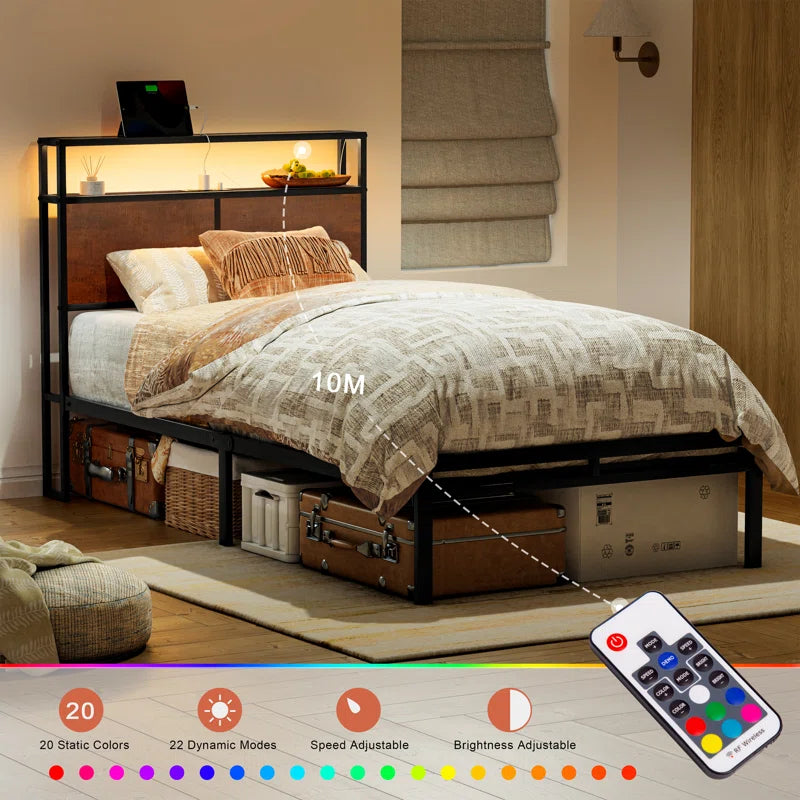 Antioch Bed Frame with LED Light and Charging Station, Metal Frame with Storage Headboard, Large Storage Space, No Spring Box Needed