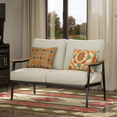 Metal Outdoor&Indoor Person Seating Sofa Patio Loveseat with Wicker Backrest & Cushions