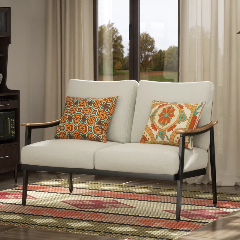 Metal Outdoor&Indoor Person Seating Sofa Patio Loveseat with Wicker Backrest & Cushions